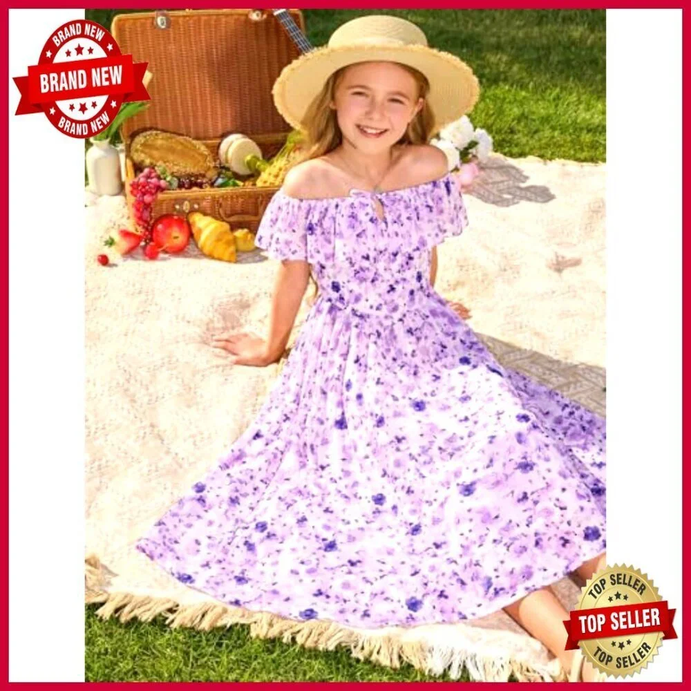 Girls Floral Midi Dress Off Shoulder Ruffle Summer Elegant Dual Wear